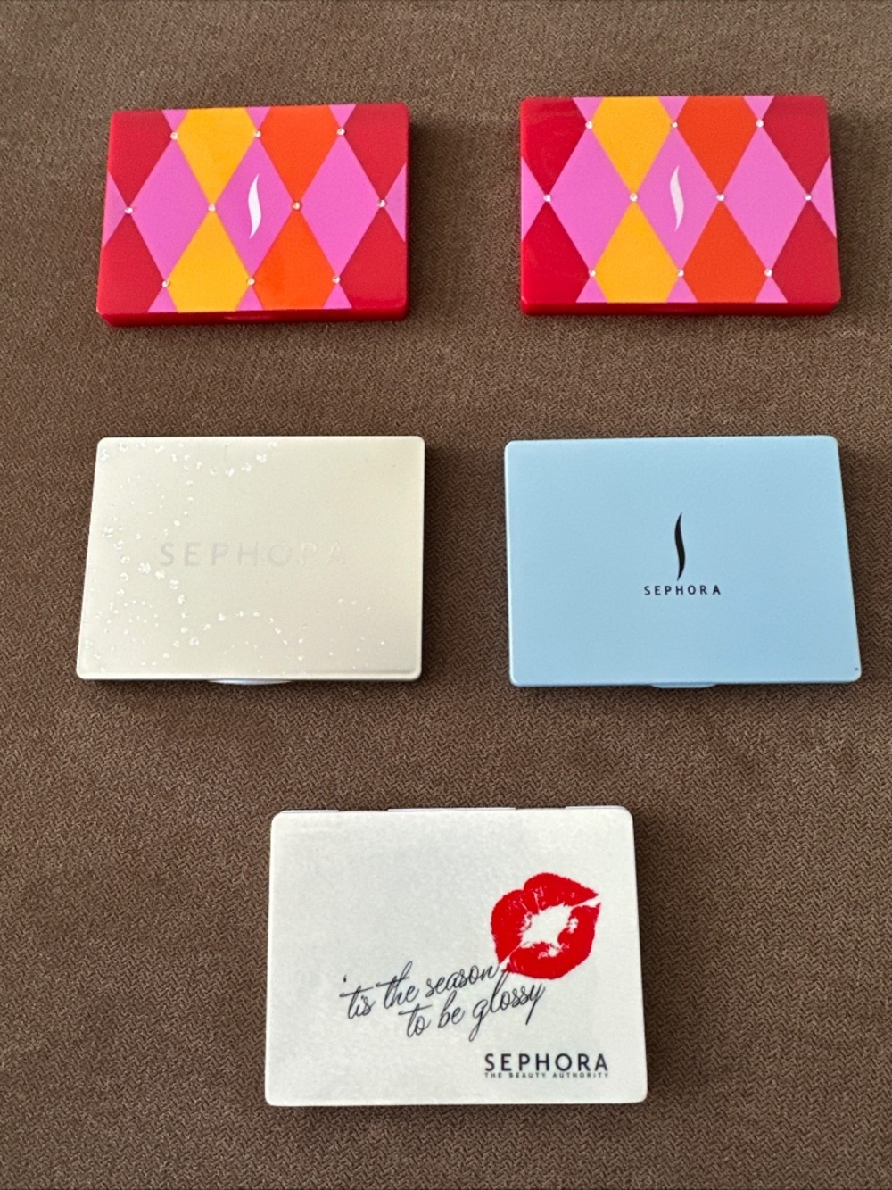Lot of (5) NEW Sephora Hinged Compact Mirrors. Measures 4"X3" Various Designs